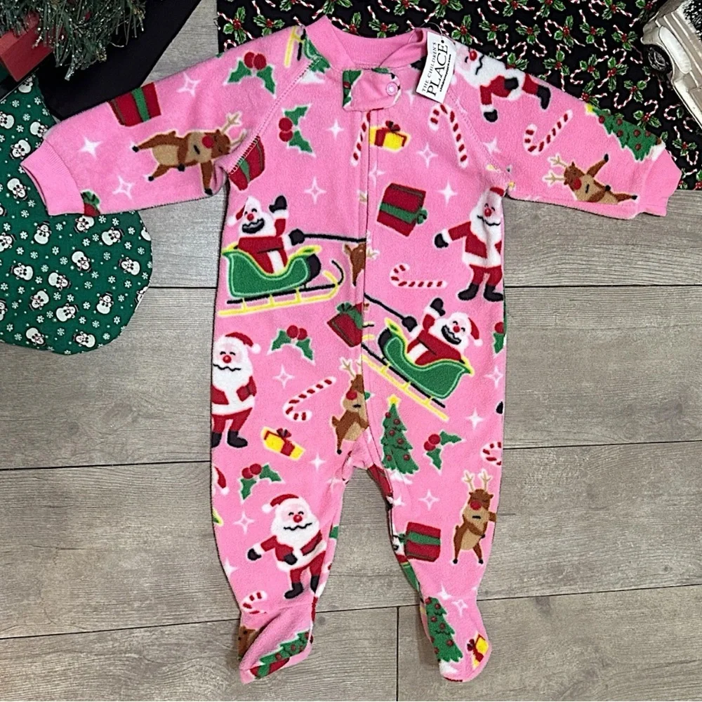 New Children Place Baby Girl Christmas Sleeper Pajamas Santa Fleece Footie 3-6M